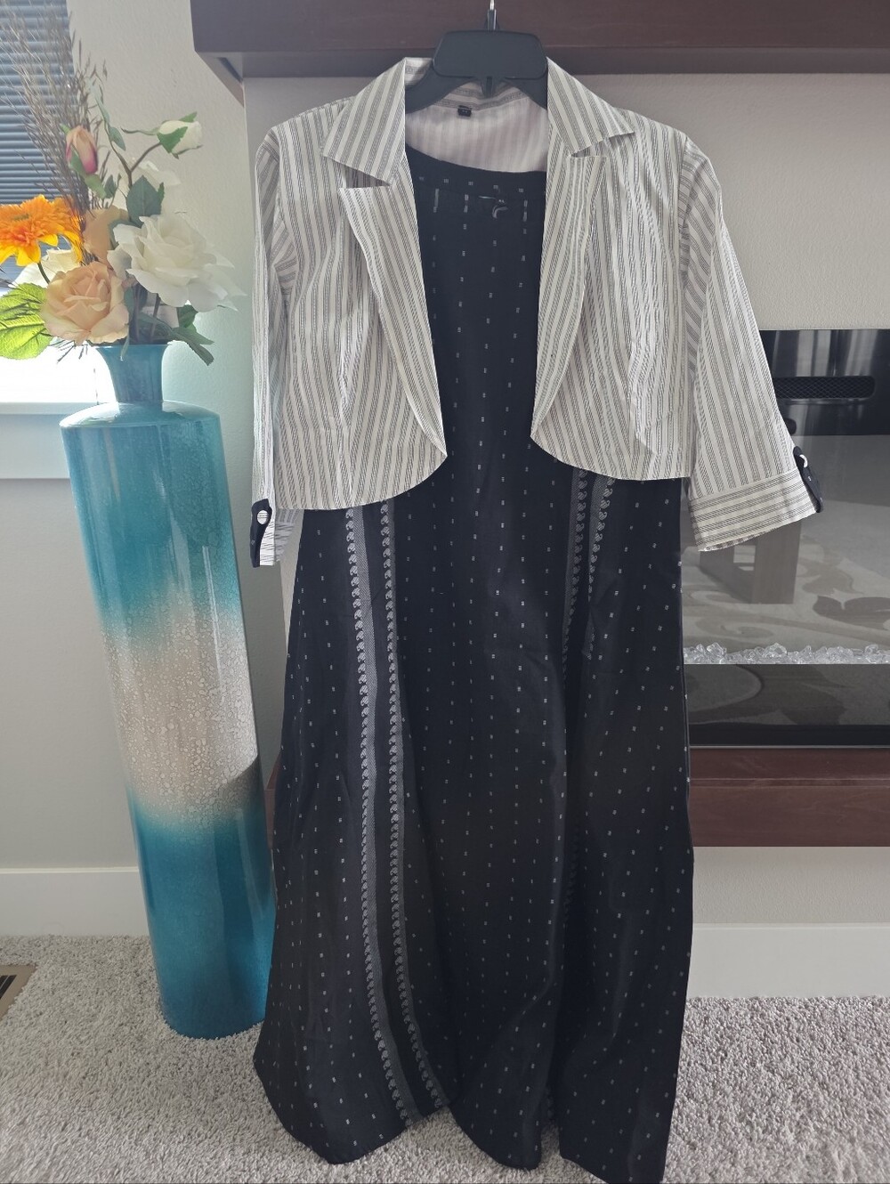Ready To Ship Jamdani Black White Maxi Dress with Striped Overcoat